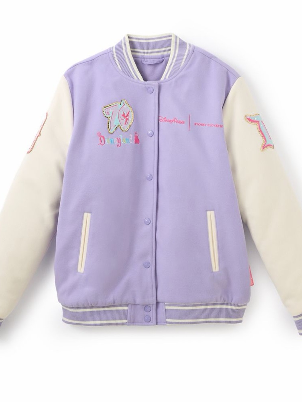 Disney 70th Anniversary Lavender and Cream Varsity Jacket